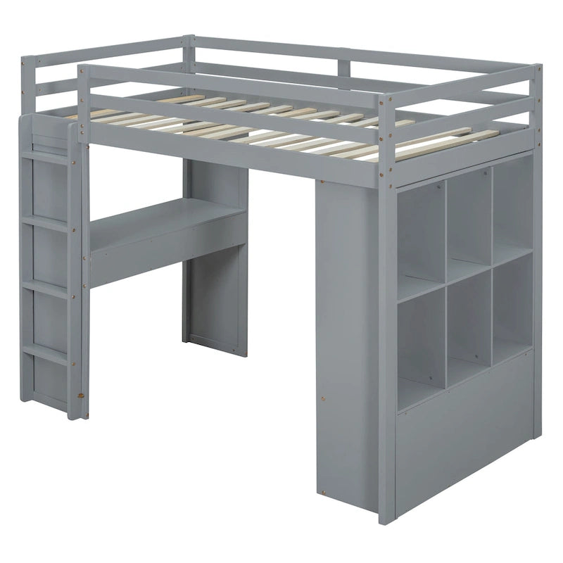 Lit mezzanine gris pleine grandeur avec étagères de rangement, tiroirs, bureau et lumière LED