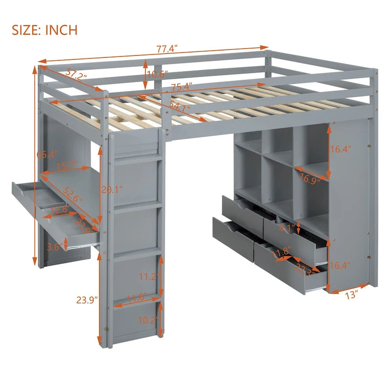 Lit mezzanine gris pleine grandeur avec étagères de rangement, tiroirs, bureau et lumière LED