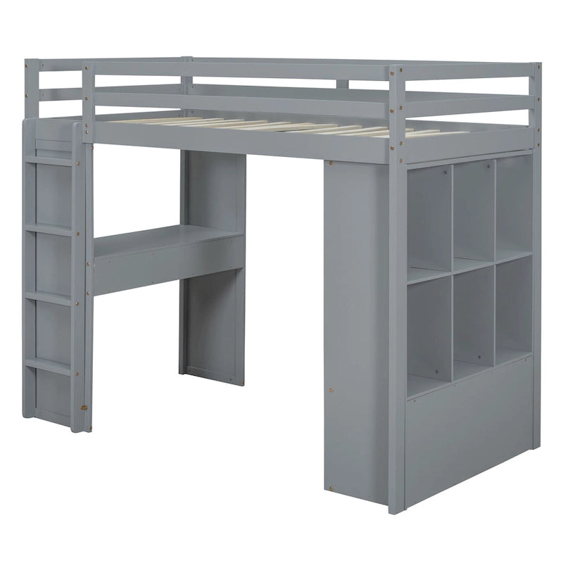 Lit mezzanine gris pleine grandeur avec étagères de rangement, tiroirs, bureau et lumière LED