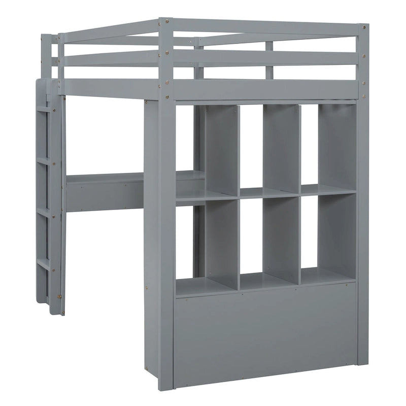 Lit mezzanine gris pleine grandeur avec étagères de rangement, tiroirs, bureau et lumière LED