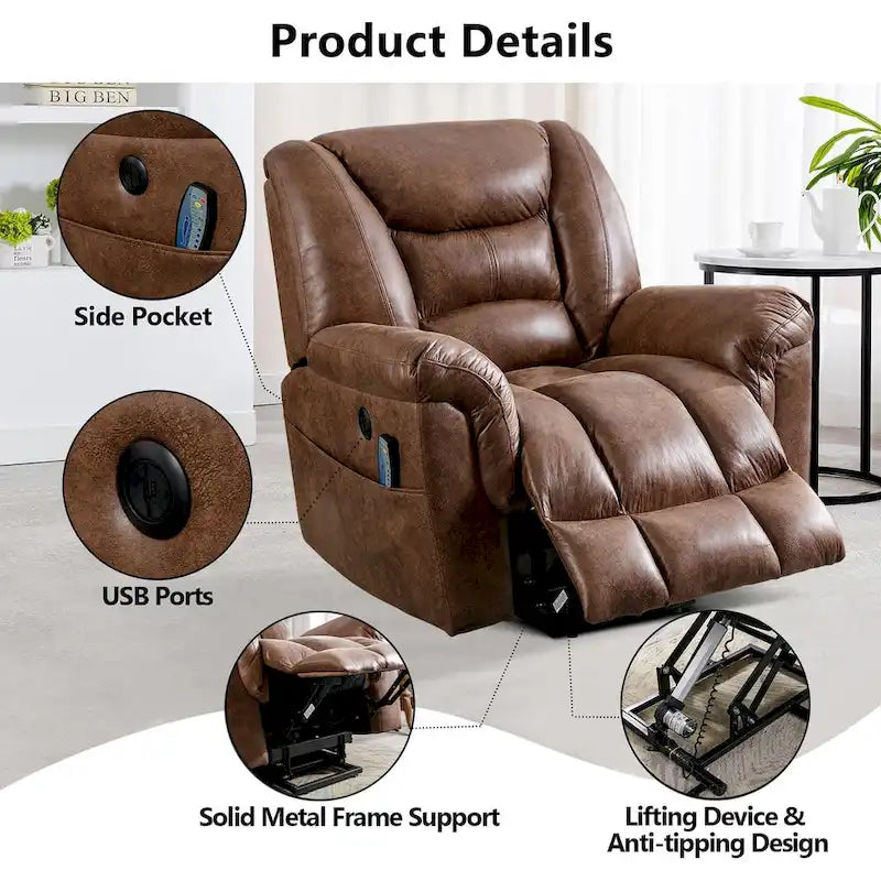Fauteuil inclinable releveur rembourré avec massage, chauffage et port de chargement USB, Gris / Marron
