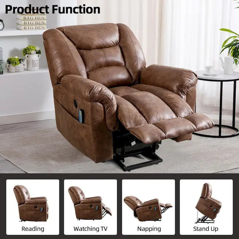 Fauteuil inclinable releveur rembourré avec massage, chauffage et port de chargement USB, Gris / Marron