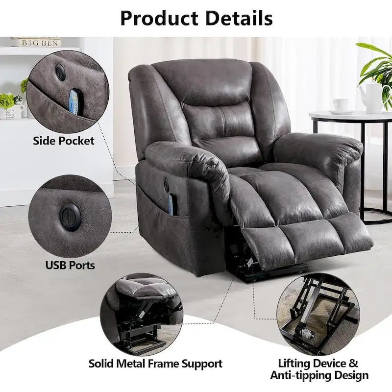 Fauteuil inclinable releveur rembourré avec massage, chauffage et port de chargement USB, Gris / Marron