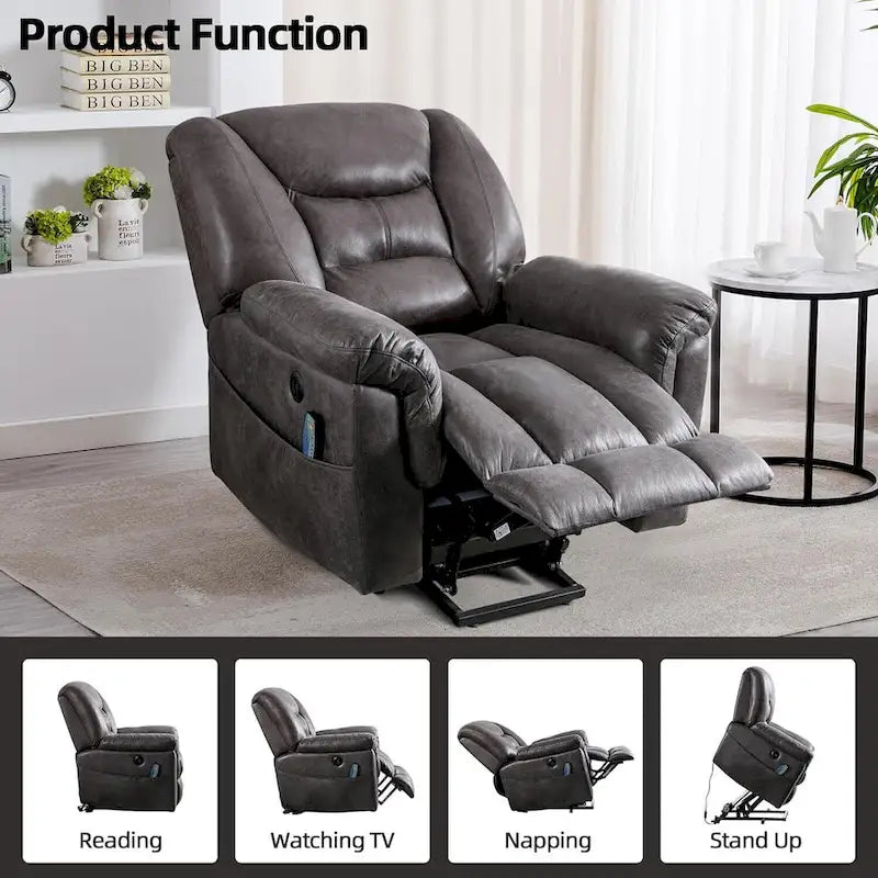 Fauteuil inclinable releveur rembourré avec massage, chauffage et port de chargement USB, Gris / Marron