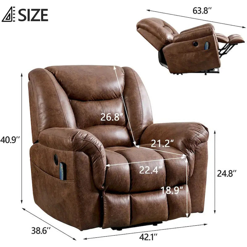 Fauteuil inclinable releveur rembourré avec massage, chauffage et port de chargement USB, Gris / Marron