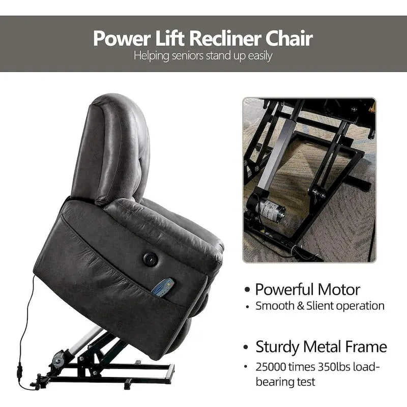 Fauteuil inclinable releveur rembourré avec massage, chauffage et port de chargement USB, Gris / Marron