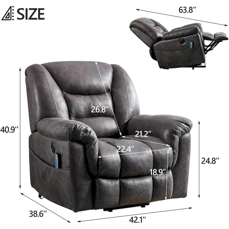 Fauteuil inclinable releveur rembourré avec massage, chauffage et port de chargement USB, Gris / Marron