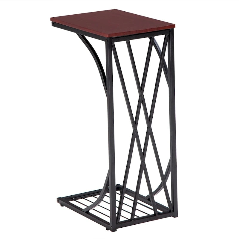 Table d'appoint en C avec plateau en MDF marron et cadre en métal noir