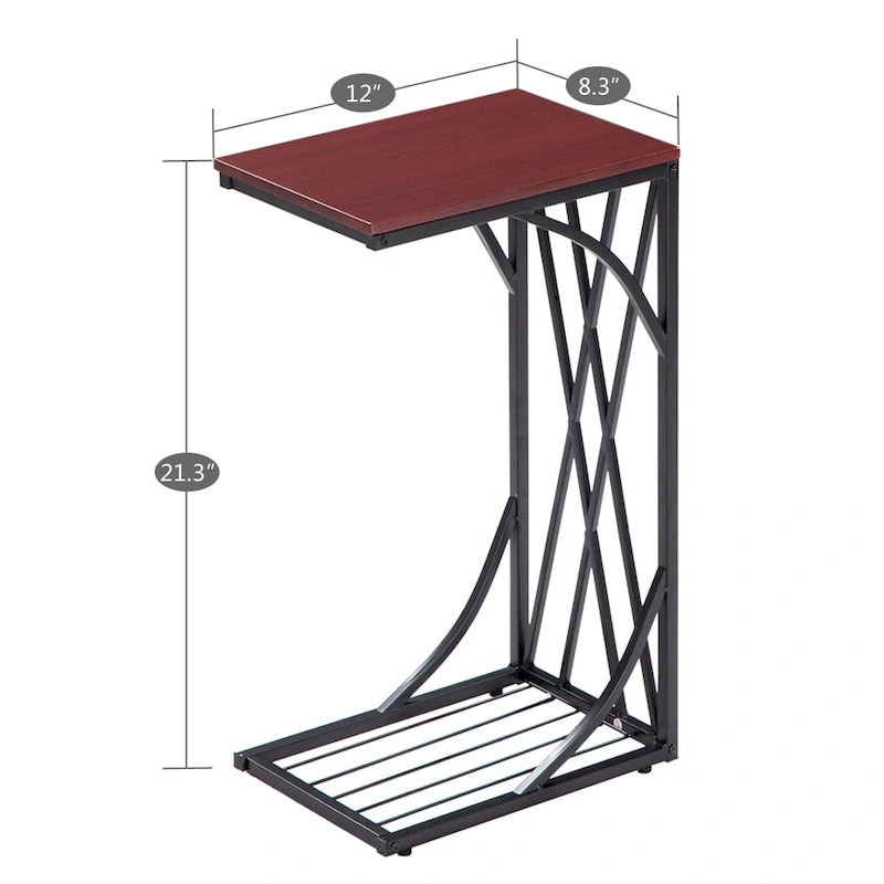 Table d'appoint en C avec plateau en MDF marron et cadre en métal noir
