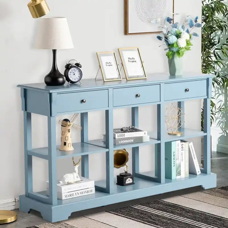 Console de canapé de 58 pouces en MDF avec 3 tiroirs et étagères ouvertes