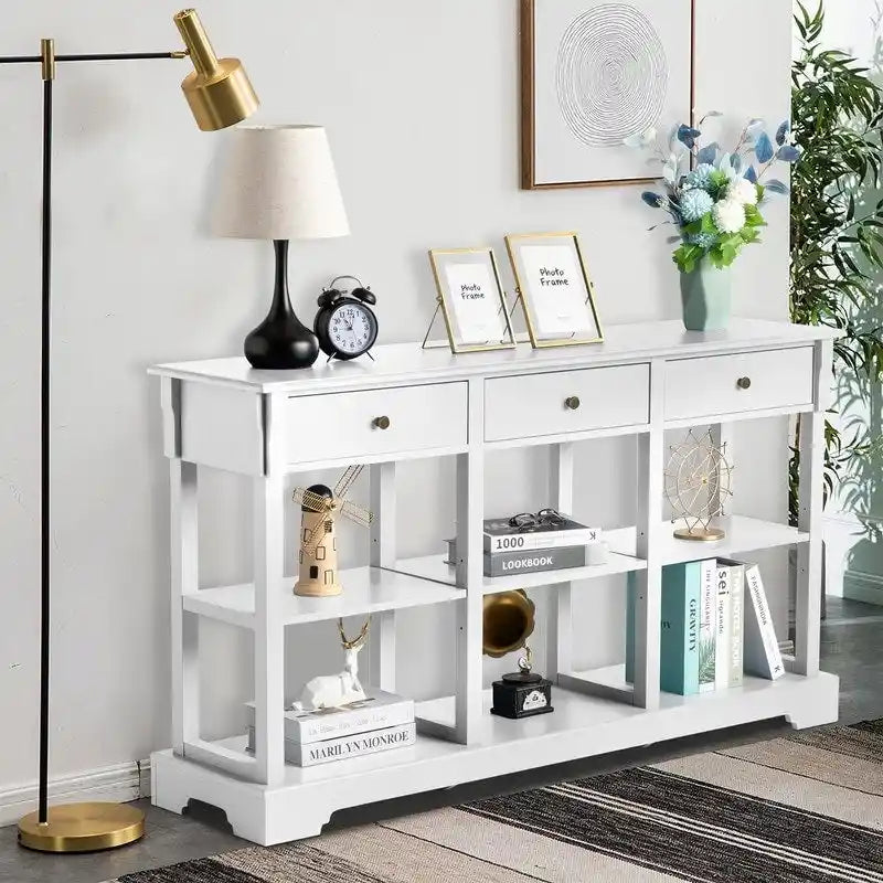 Console de canapé de 58 pouces en MDF avec 3 tiroirs et étagères ouvertes