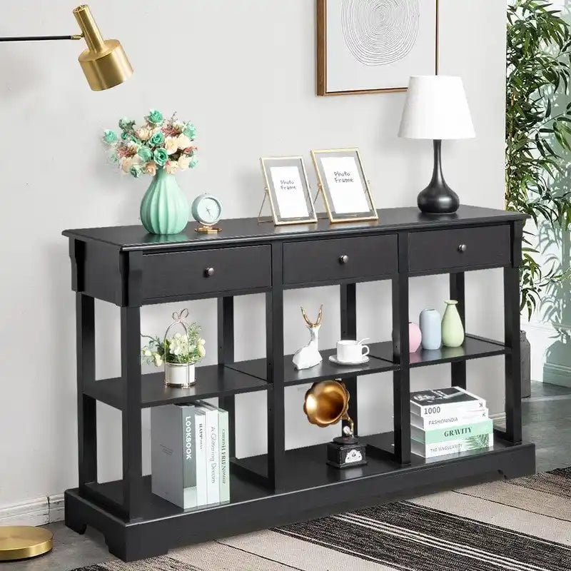 Console de canapé de 58 pouces en MDF avec 3 tiroirs et étagères ouvertes