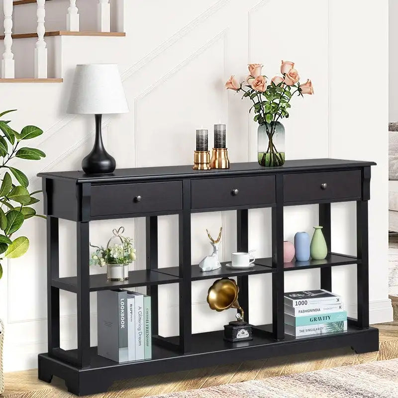 Console de canapé de 58 pouces en MDF avec 3 tiroirs et étagères ouvertes