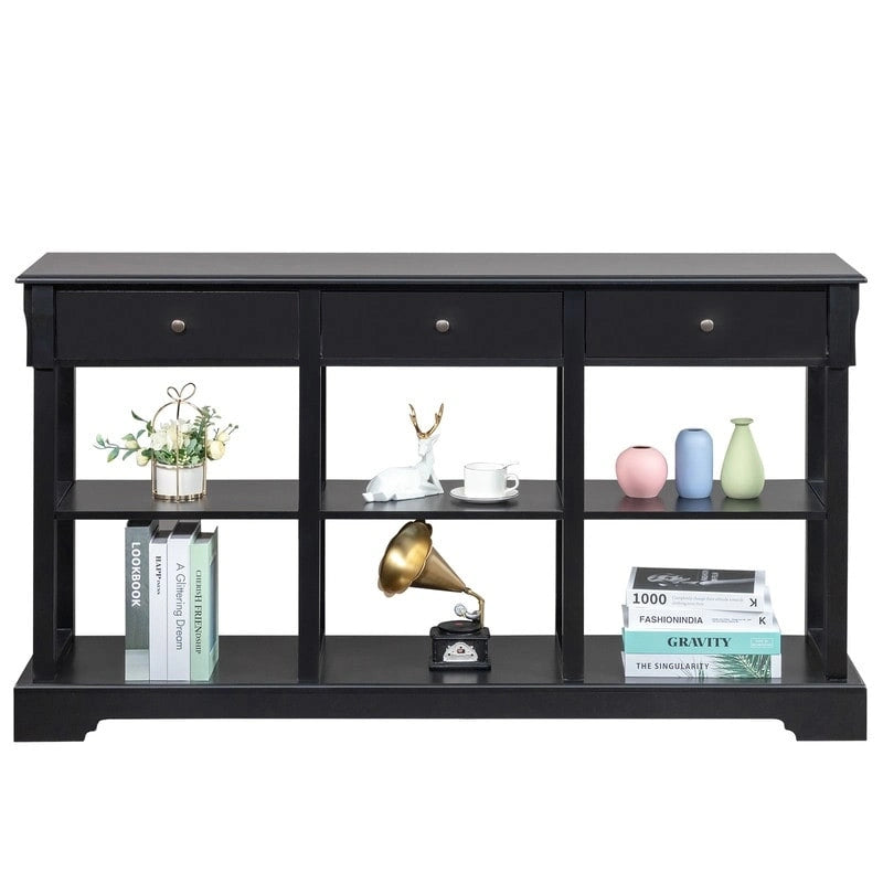 Console de canapé de 58 pouces en MDF avec 3 tiroirs et étagères ouvertes