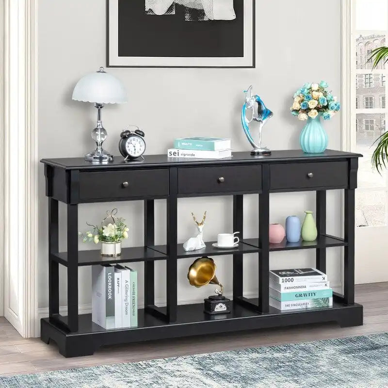 Console de canapé de 58 pouces en MDF avec 3 tiroirs et étagères ouvertes