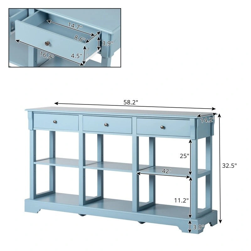 Console de canapé de 58 pouces en MDF avec 3 tiroirs et étagères ouvertes