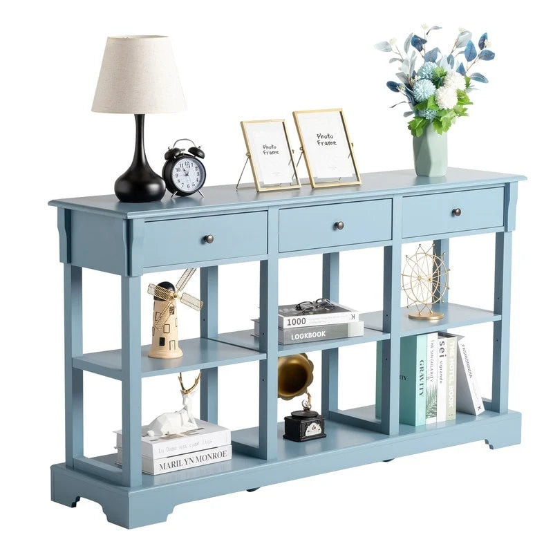 Console de canapé de 58 pouces en MDF avec 3 tiroirs et étagères ouvertes