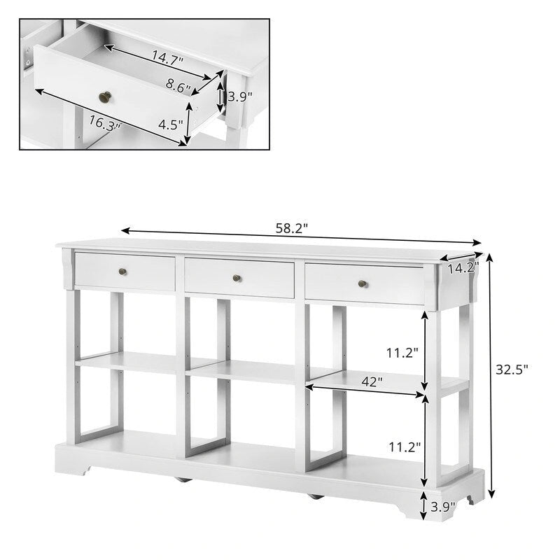 Console de canapé de 58 pouces en MDF avec 3 tiroirs et étagères ouvertes