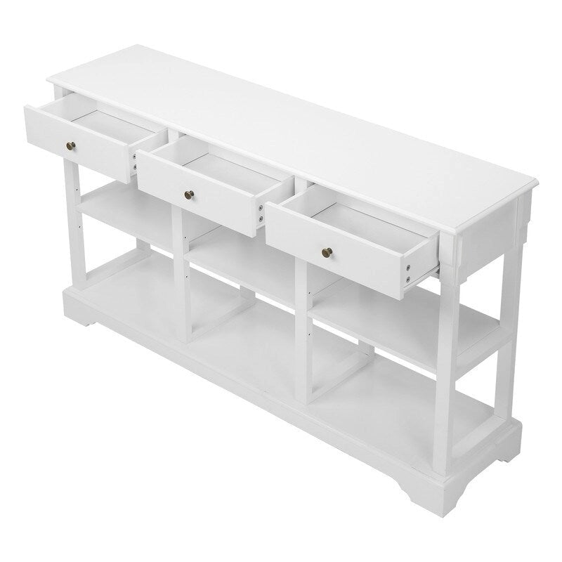 Console de canapé de 58 pouces en MDF avec 3 tiroirs et étagères ouvertes