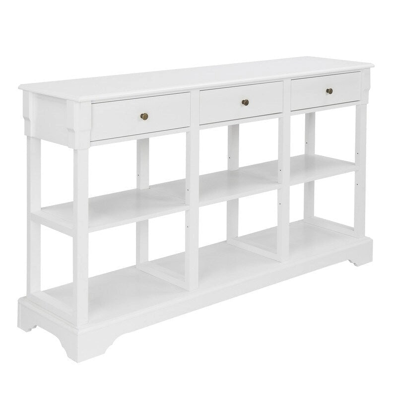 Console de canapé de 58 pouces en MDF avec 3 tiroirs et étagères ouvertes