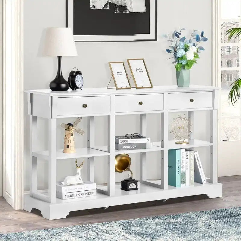 Console de canapé de 58 pouces en MDF avec 3 tiroirs et étagères ouvertes