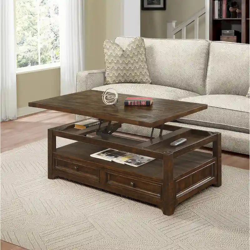Table basse relevable avec 2 tiroirs en pin massif mocha foncé