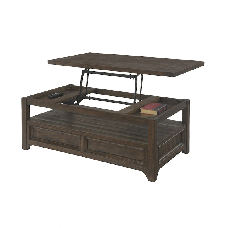 Table basse relevable avec 2 tiroirs en pin massif mocha foncé
