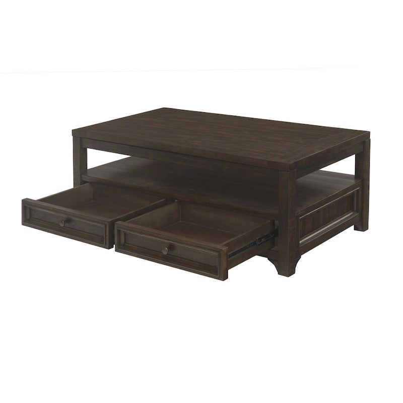 Table basse relevable avec 2 tiroirs en pin massif mocha foncé