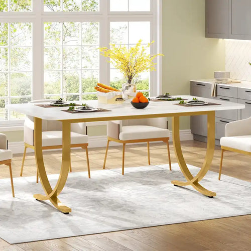 Table à manger rectangulaire 63 pouces, plateau en faux marbre, pieds en X dorés, blanc