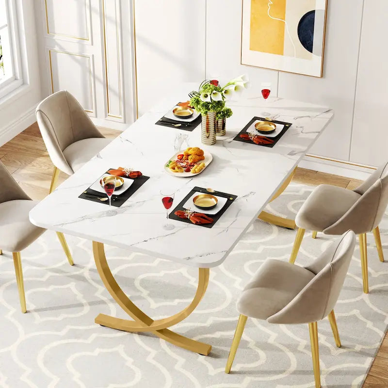 Table à manger rectangulaire 63 pouces, plateau en faux marbre, pieds en X dorés, blanc