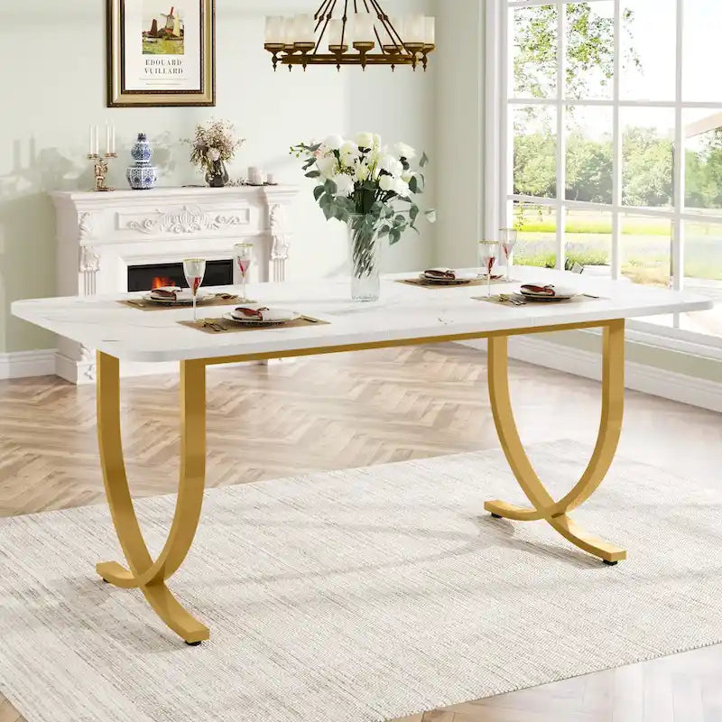 Table à manger rectangulaire 63 pouces, plateau en faux marbre, pieds en X dorés, blanc