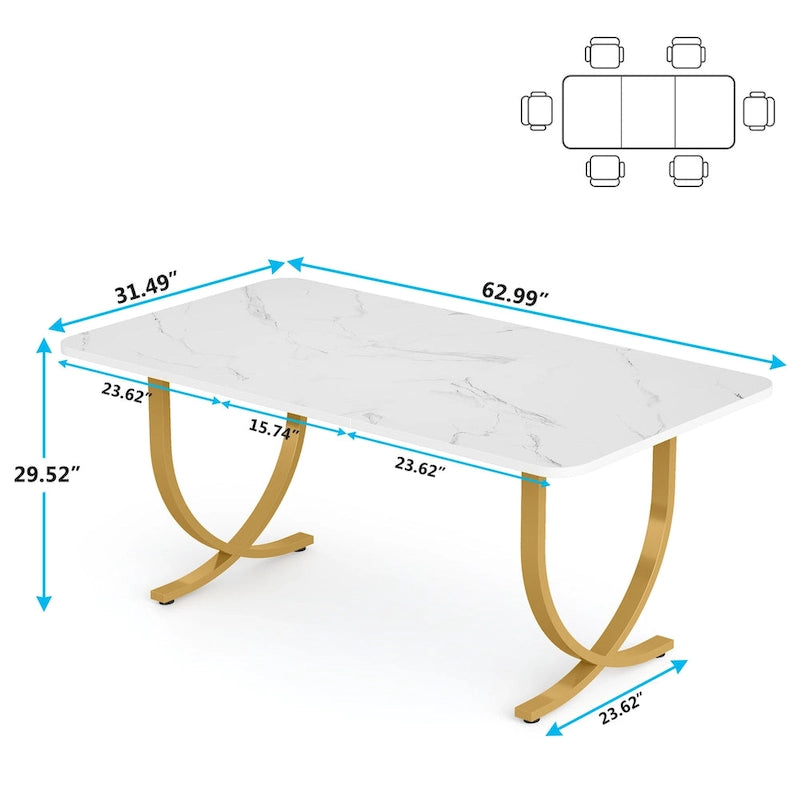Table à manger rectangulaire 63 pouces, plateau en faux marbre, pieds en X dorés, blanc