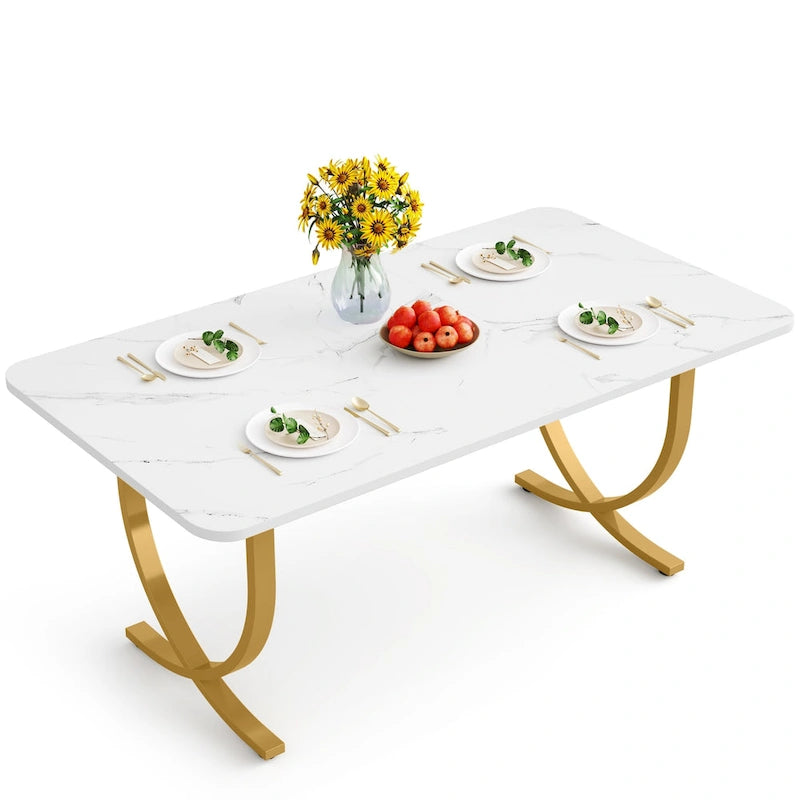 Table à manger rectangulaire 63 pouces, plateau en faux marbre, pieds en X dorés, blanc