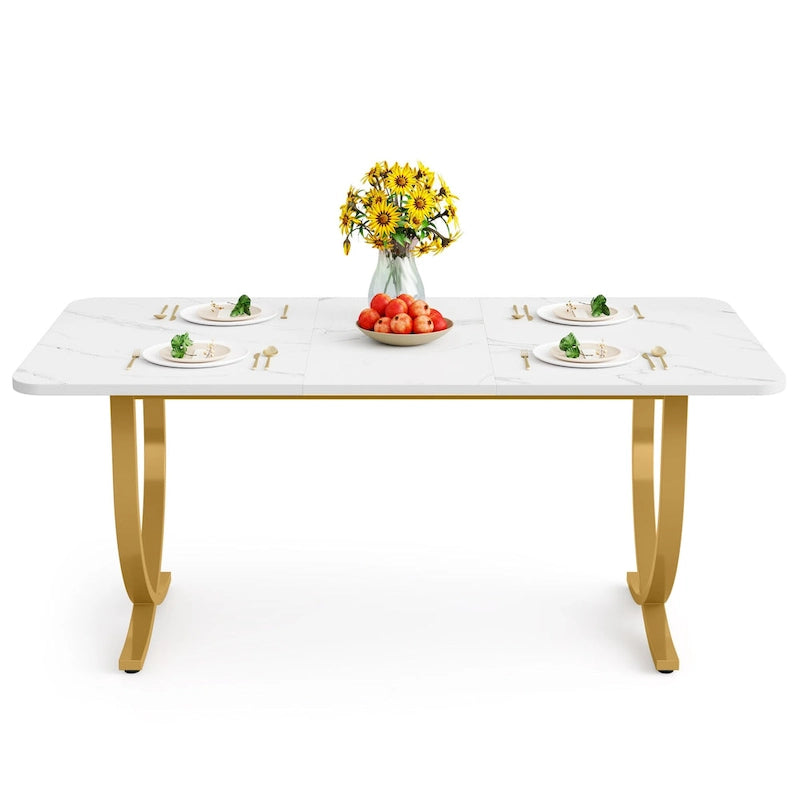 Table à manger rectangulaire 63 pouces, plateau en faux marbre, pieds en X dorés, blanc