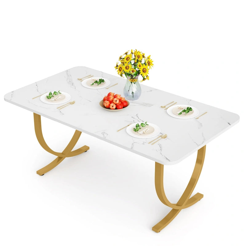 Table à manger rectangulaire 63 pouces, plateau en faux marbre, pieds en X dorés, blanc