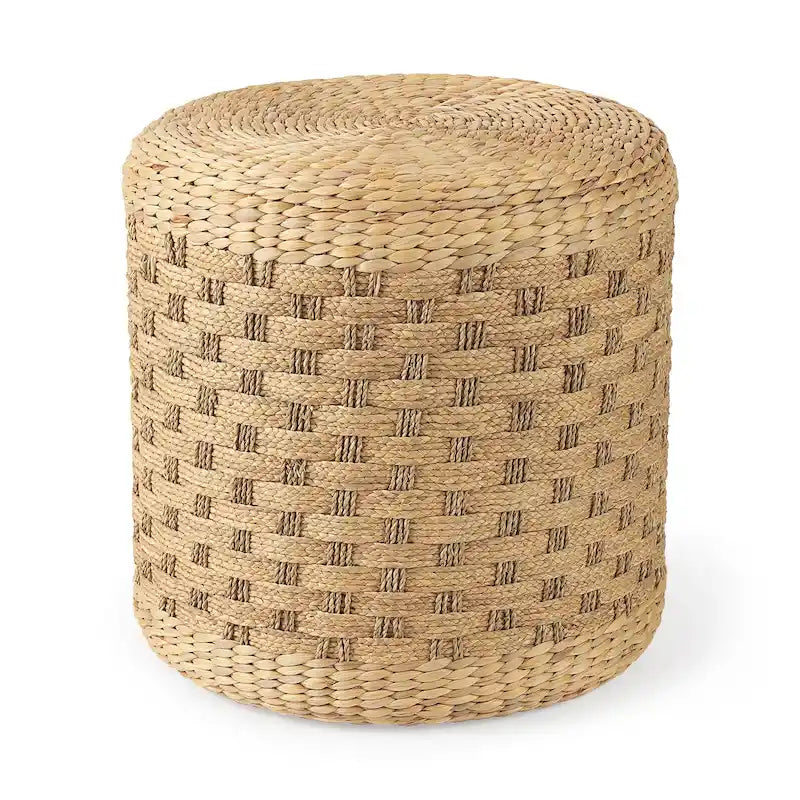 Pouf ottoman rond en jonc de mer tressé à motif brun clair