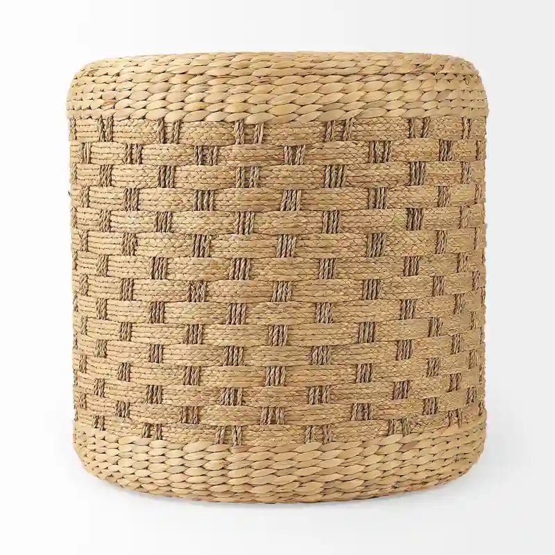 Pouf ottoman rond en jonc de mer tressé à motif brun clair