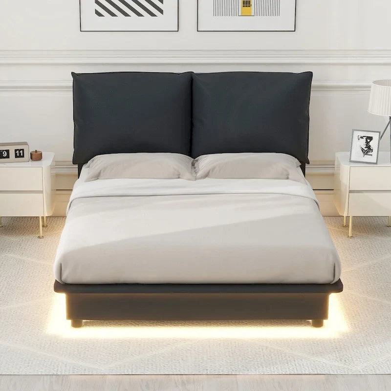 Lit plateforme rembourré avec lumière LED à capteur et dossier ergonomique matelassé Noir Blanc
