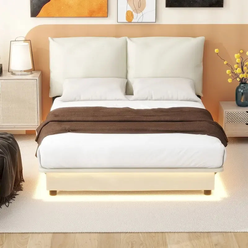 Lit plateforme rembourré avec lumière LED à capteur et dossier ergonomique matelassé Noir Blanc