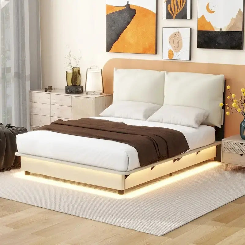 Upholstered Platform Bed with Sensor Light and Ergonomic Design Backrests