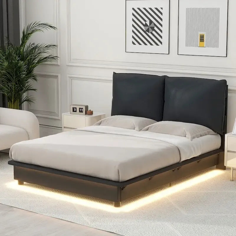 Lit plateforme rembourré avec lumière LED à capteur et dossier ergonomique matelassé Noir Blanc