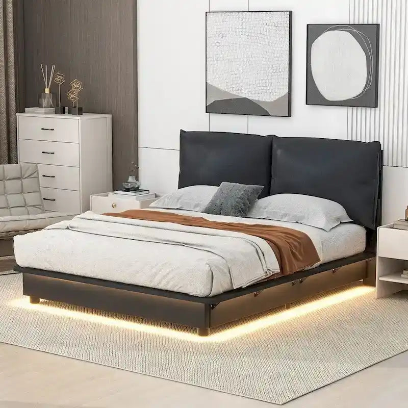 Lit plateforme rembourré avec lumière LED à capteur et dossier ergonomique matelassé Noir Blanc