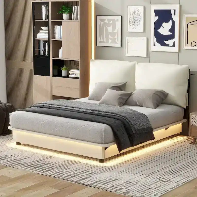 Lit plateforme rembourré avec lumière LED à capteur et dossier ergonomique matelassé Noir Blanc