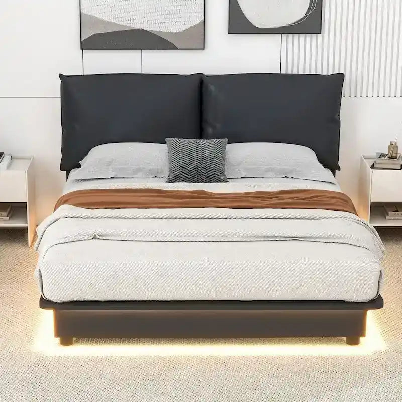 Lit plateforme rembourré avec lumière LED à capteur et dossier ergonomique matelassé Noir Blanc