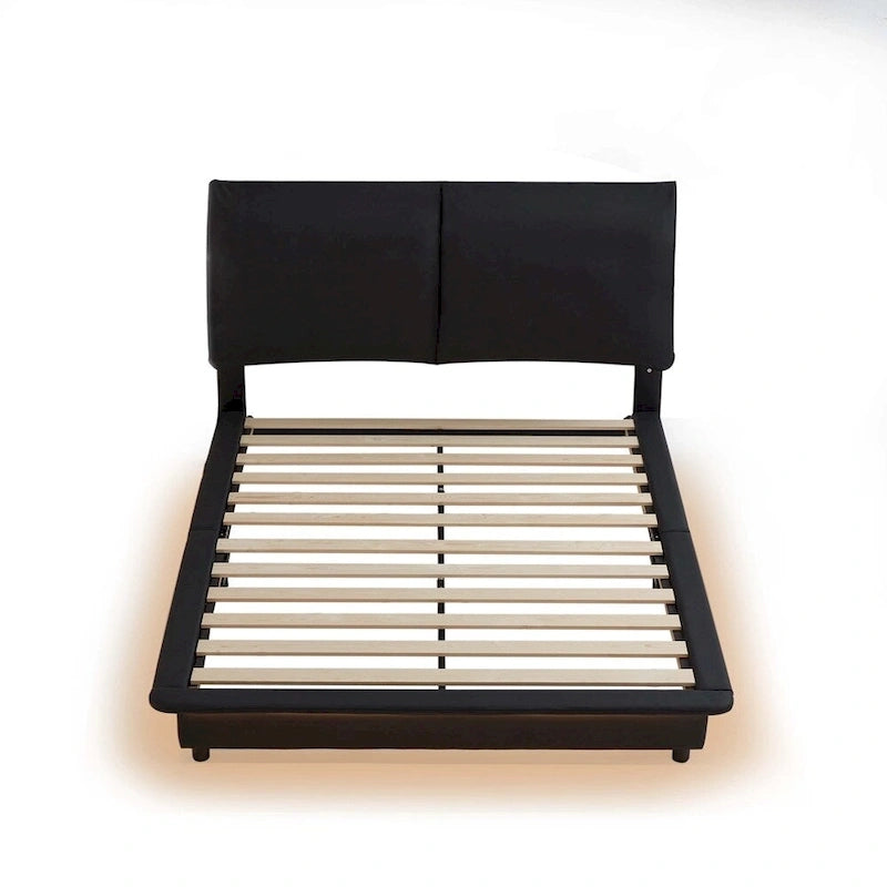 Lit plateforme rembourré avec lumière LED à capteur et dossier ergonomique matelassé Noir Blanc