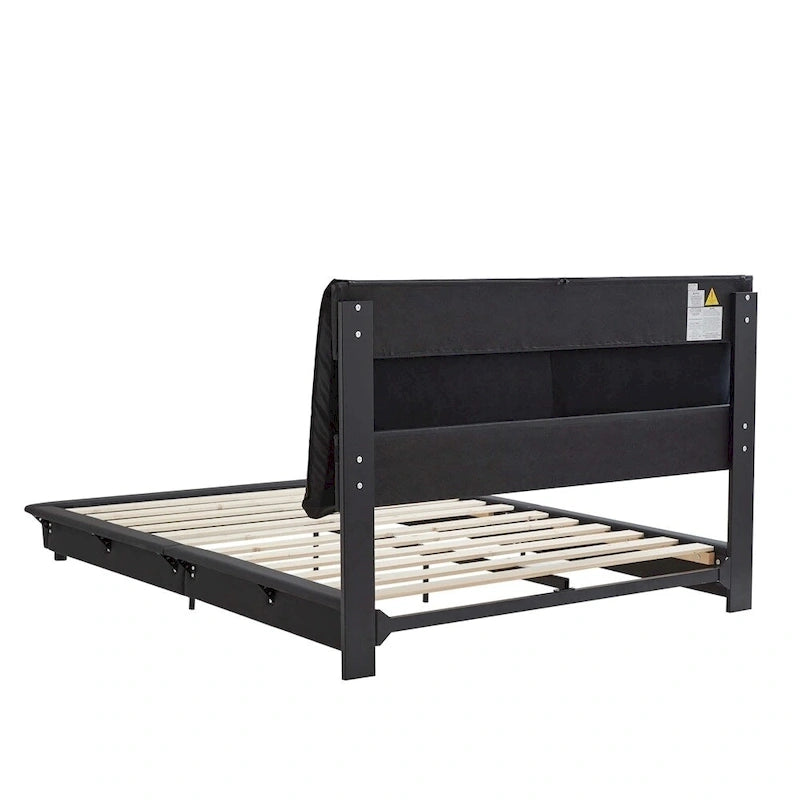 Lit plateforme rembourré avec lumière LED à capteur et dossier ergonomique matelassé Noir Blanc