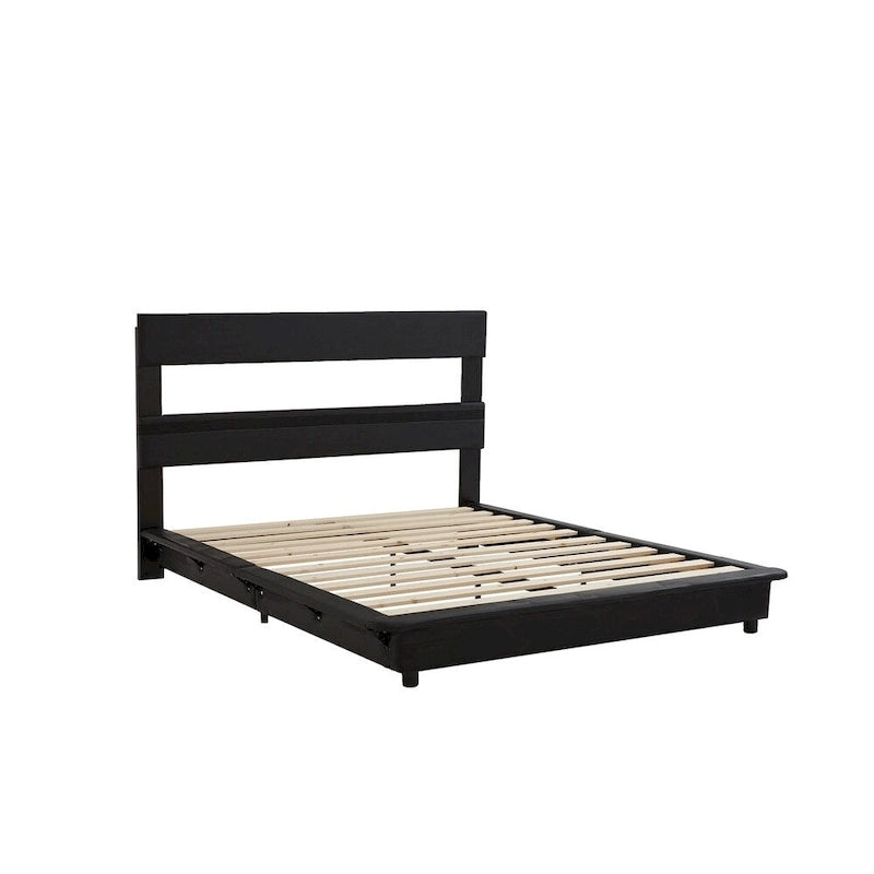Lit plateforme rembourré avec lumière LED à capteur et dossier ergonomique matelassé Noir Blanc