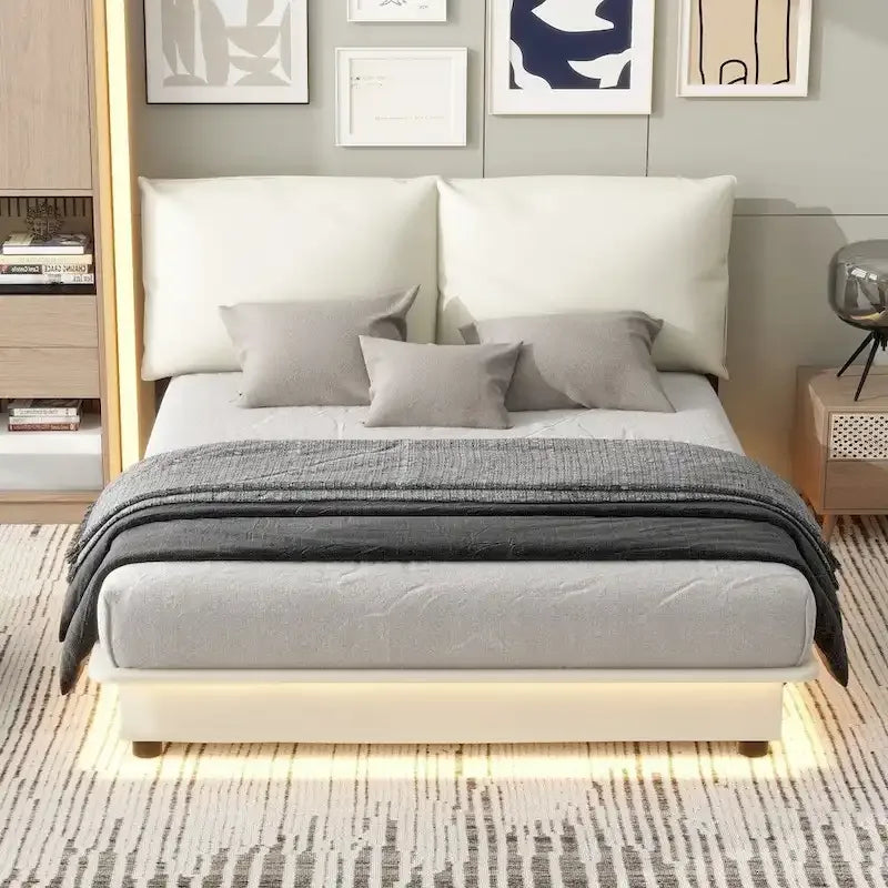 Lit plateforme rembourré avec lumière LED à capteur et dossier ergonomique matelassé Noir Blanc