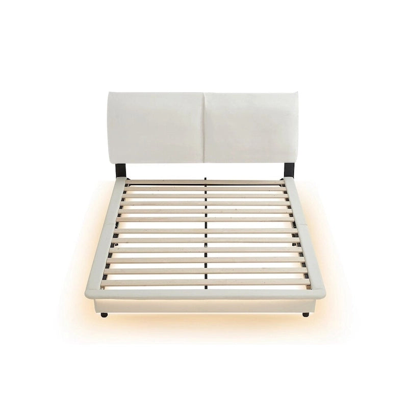 Lit plateforme rembourré avec lumière LED à capteur et dossier ergonomique matelassé Noir Blanc