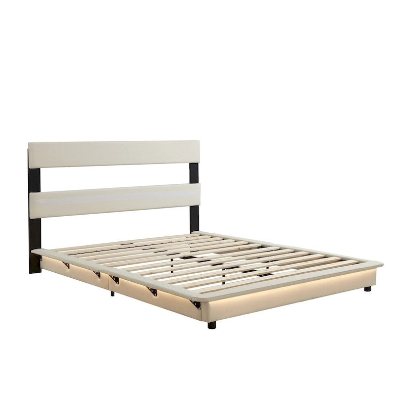 Lit plateforme rembourré avec lumière LED à capteur et dossier ergonomique matelassé Noir Blanc